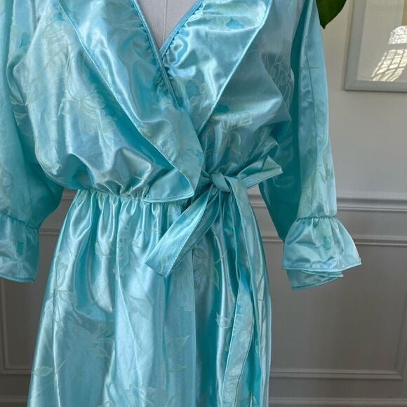 Vintage 80s Preview USA Aqua Satin Ruffle Robe M L - Picture 3 of 8